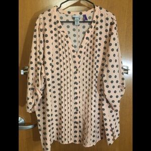 Light pink blouse with black/charcoal polka dots
